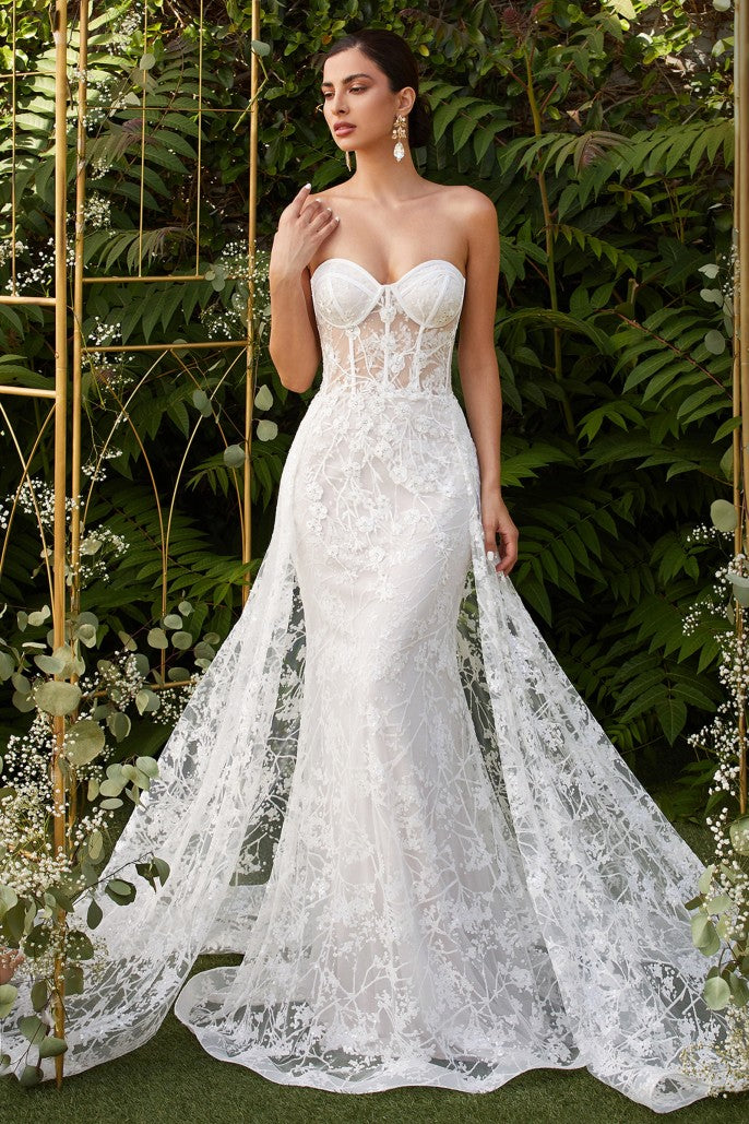 Strapless Fitted Overskirt Lace Bridal Gown