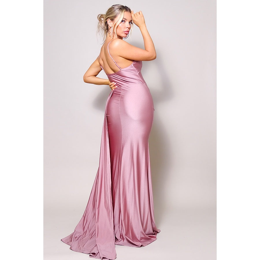 pink maxi dress, side slit maxi dress, pink bridesmaid dress, pink wedding guest dress, pink v-neck dress, pink party dress